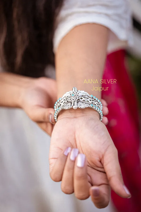 925_Pure_Sterling_Silver_|_Saundarya_Peacock_Turquoise_Kada_|_Well_Stamped_&_Hallmarked