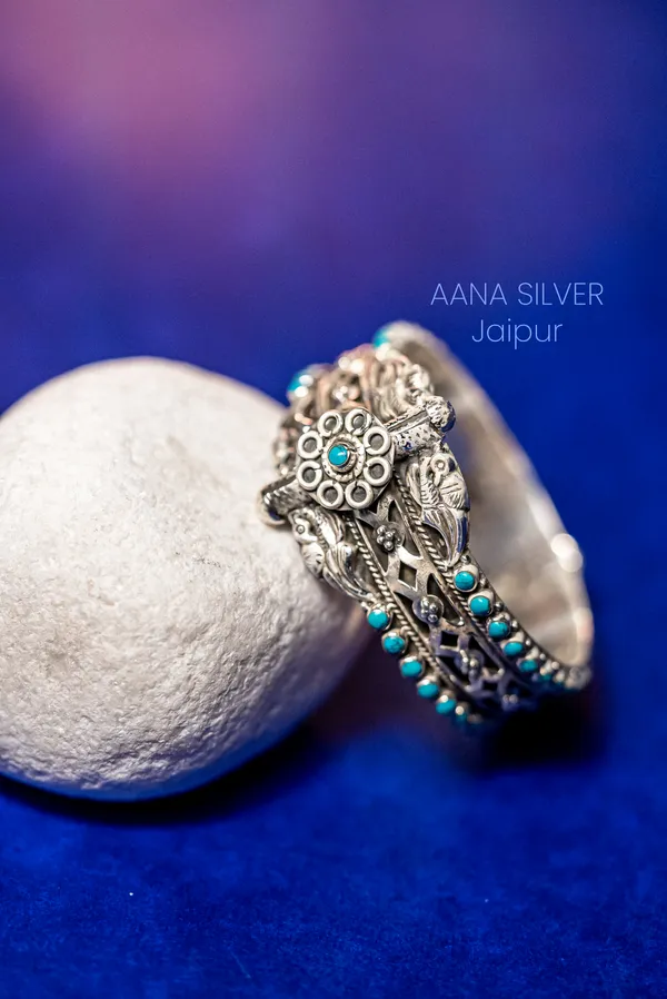 925_Pure_Sterling_Silver_|_Saundarya_Peacock_Turquoise_Kada_|_Well_Stamped_&_Hallmarked