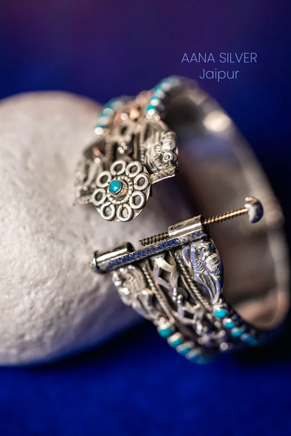 925_Pure_Sterling_Silver_|_Saundarya_Peacock_Turquoise_Kada_|_Well_Stamped_&_Hallmarked