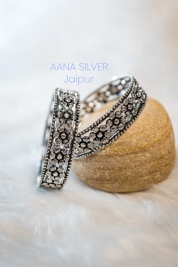 925_Pure_Sterling_Silver_|_Aabharan_Flower_Detailed_Bangles_|_Well_Stamped_&_Hallmarked