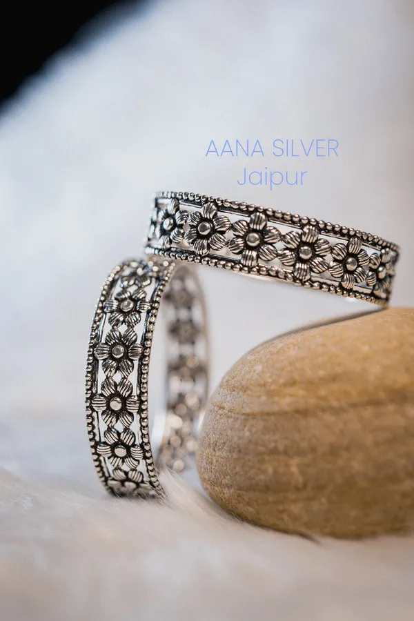 925_Pure_Sterling_Silver_|_Aabharan_Flower_Detailed_Bangles_|_Well_Stamped_&_Hallmarked