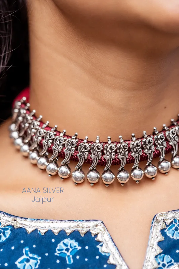 925_Pure_Sterling_Silver_|_Aabharan_Ball_Peacock_Choker_|_Well_Stamped_&_Hallmarked