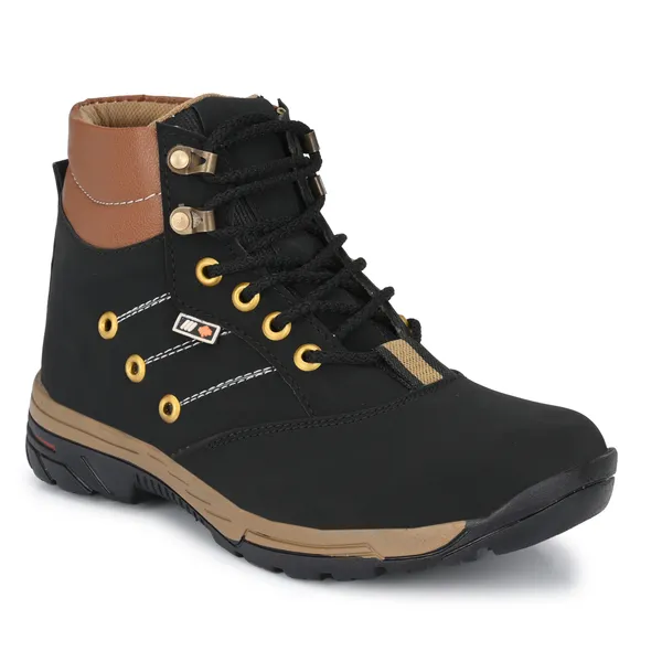 Black_Leatherette_And_Airmix_Lace_Ups_Boots_For_Men