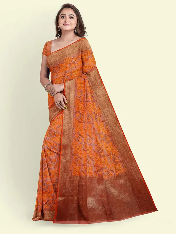Orange_Cotton_Blend_Banarasi_Sarees_For_Women