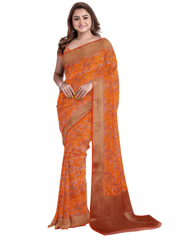 Orange_Cotton_Blend_Banarasi_Sarees_For_Women