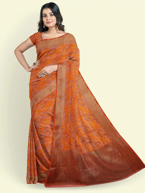 Orange_Cotton_Blend_Banarasi_Sarees_For_Women