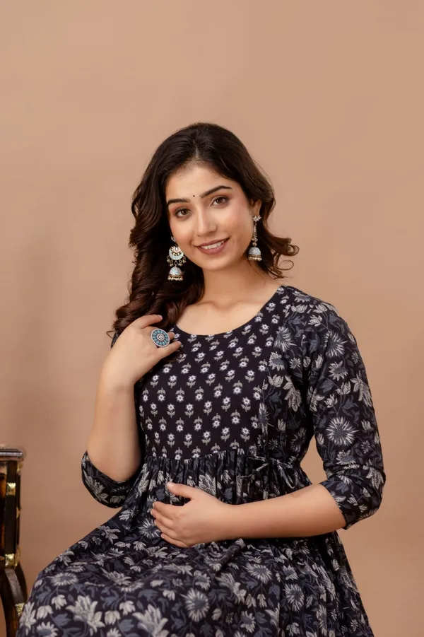 Sanganeri_Black_candy_cotton_maternity_and_feeding_kurti