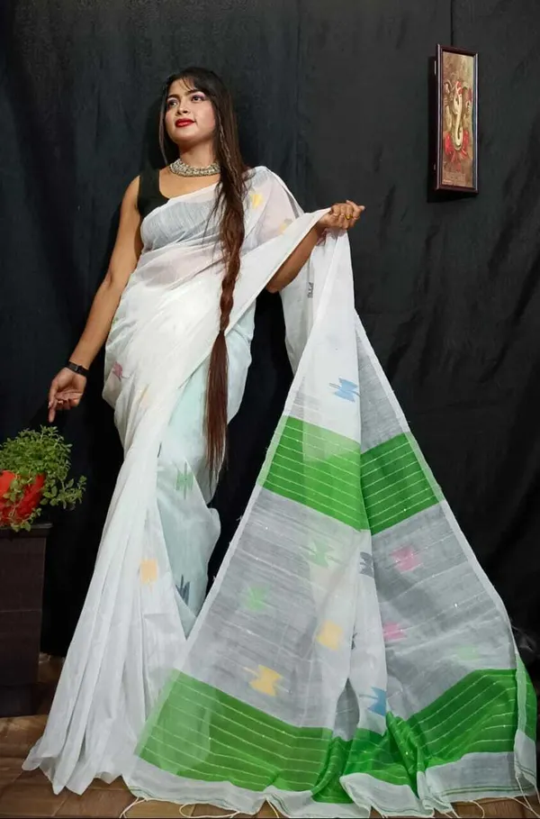 White_Self_Design_Handloom_Cotton_Silk_Saree