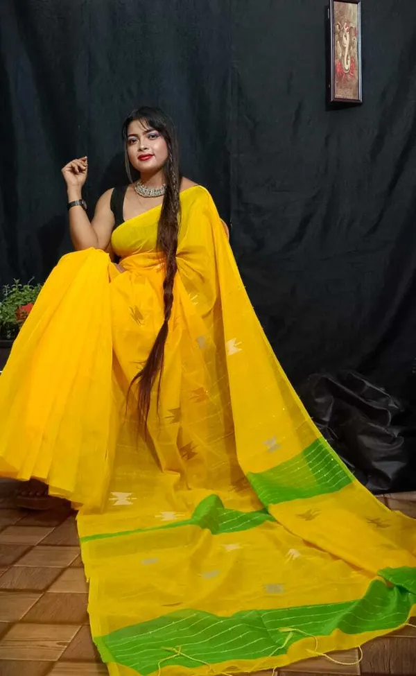 Yellow_Self_Design_Handloom_Cotton_Silk_Saree