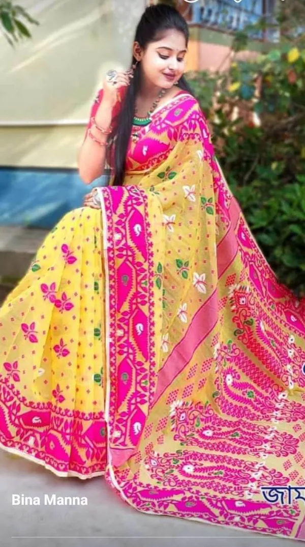 Yellow_Self_Design_Jamdani_Cotton_Silk_Saree