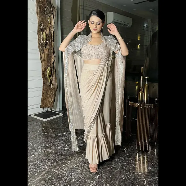 Sequin_Pre_Draped_Saree_With_Jacket_And_Long_Shrug_Georgette_Saree