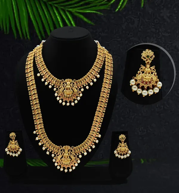 Grisha_Jewellery_Matte_Laxmi_Design_Gold_Plated_Long_Necklace_With_Short_Necklace_Combo_Set_With_Earrings_For_Women