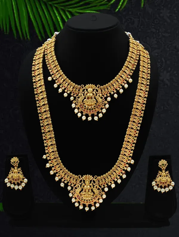 Grisha_Jewellery_Matte_Laxmi_Design_Gold_Plated_Long_Necklace_With_Short_Necklace_Combo_Set_With_Earrings_For_Women