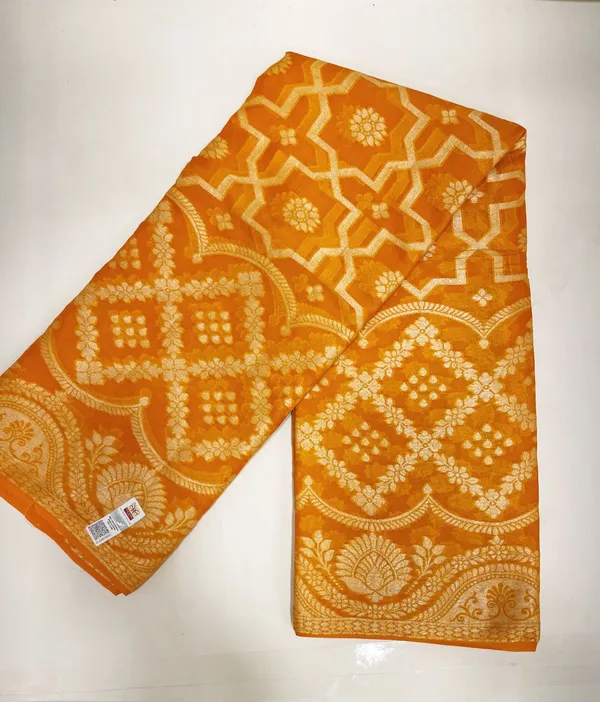 Humairah_Presents_Pure_Handloom_Yellow_Chiffon_Floral_Mina_Zari_Booti_with_Copper_Zari_Border_and_Pallu_and_Mustard_Yellow_Blouse