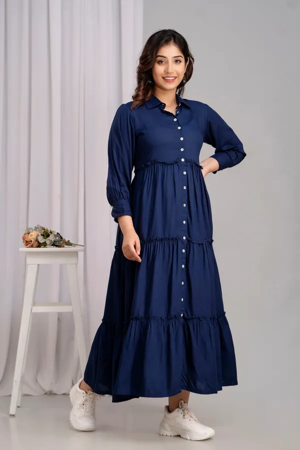 Shirt_Collar_Navy_Blue_Solid_Long_Dress