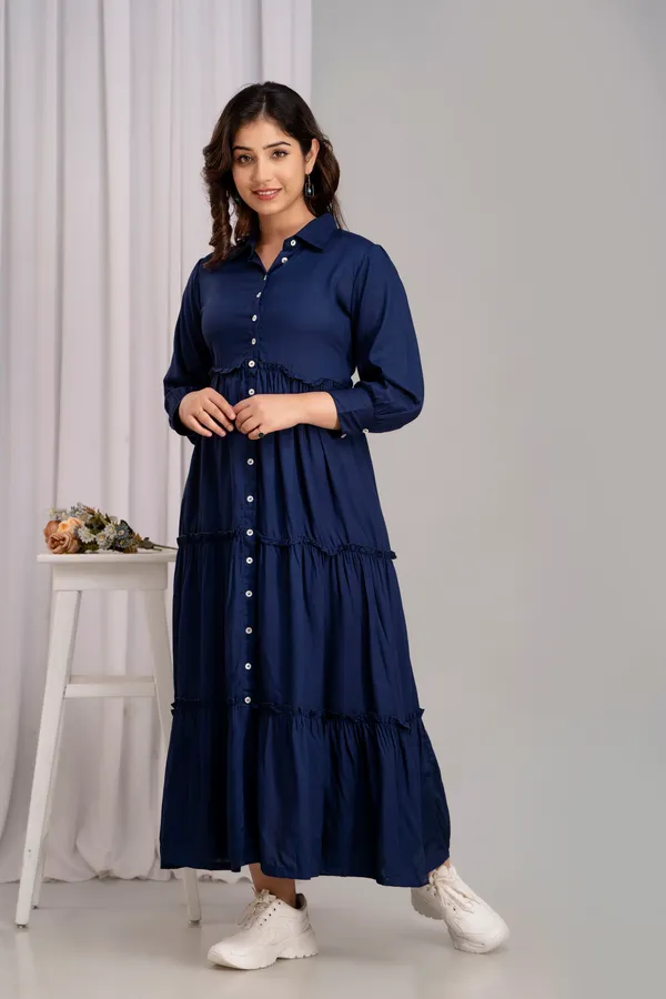 Shirt_Collar_Navy_Blue_Solid_Long_Dress