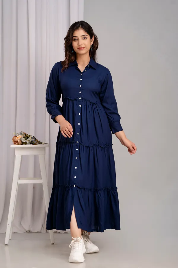 Shirt_Collar_Navy_Blue_Solid_Long_Dress