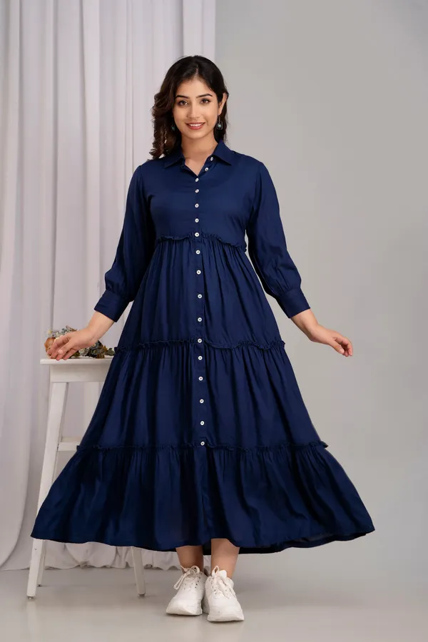 Shirt_Collar_Navy_Blue_Solid_Long_Dress