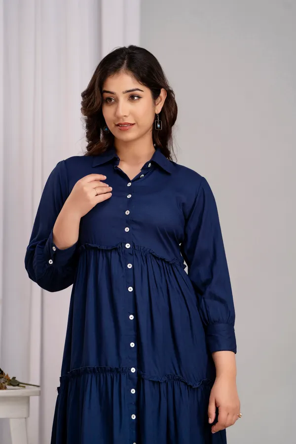 Shirt_Collar_Navy_Blue_Solid_Long_Dress