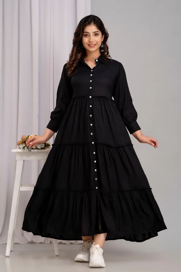 Label Kushagra Shirt Collar Solid Black Long dress Price in India