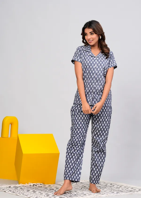 ichaa Grey Pure Cotton Collar Style Shirt Pyjama Set Night Suit For Women Price in India Buy ichaa Grey Pure Cotton Collar Style Shirt Pyjama Set Night Suit For Women online at undefined
