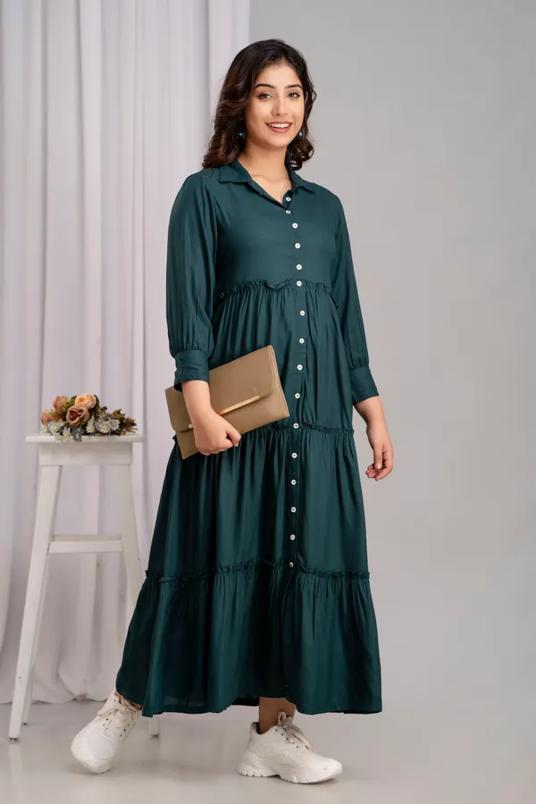 Rayon_Shirt_Collar_Green_Solid_long_dress