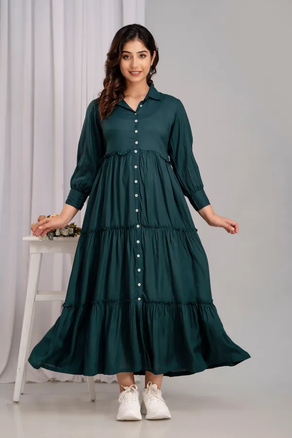 Rayon_Shirt_Collar_Green_Solid_long_dress