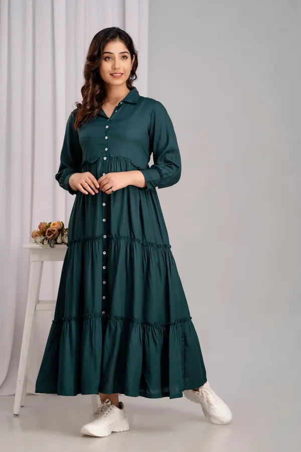 Rayon_Shirt_Collar_Green_Solid_long_dress