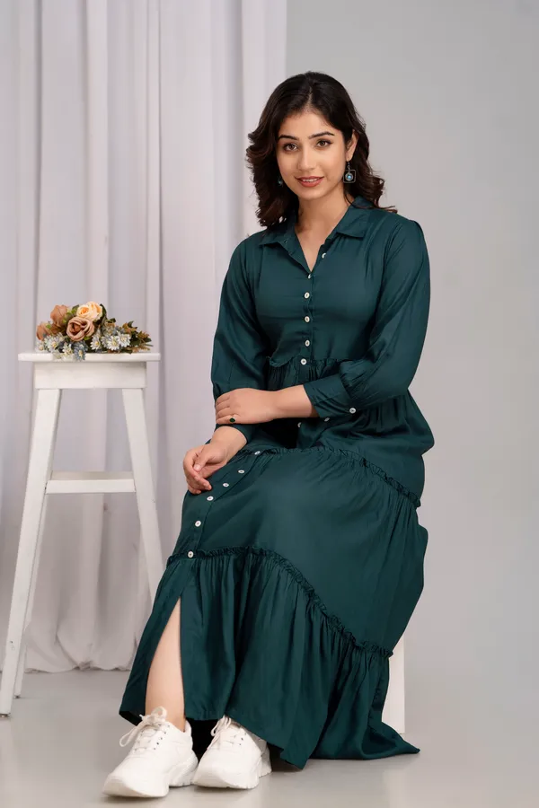 Rayon_Shirt_Collar_Green_Solid_long_dress