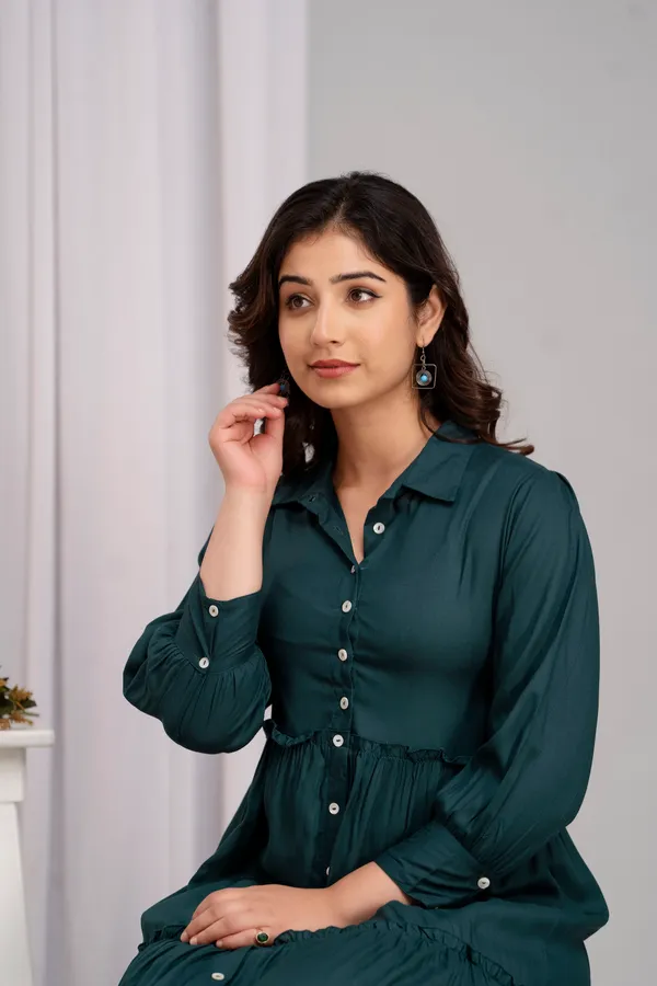 Rayon_Shirt_Collar_Green_Solid_long_dress