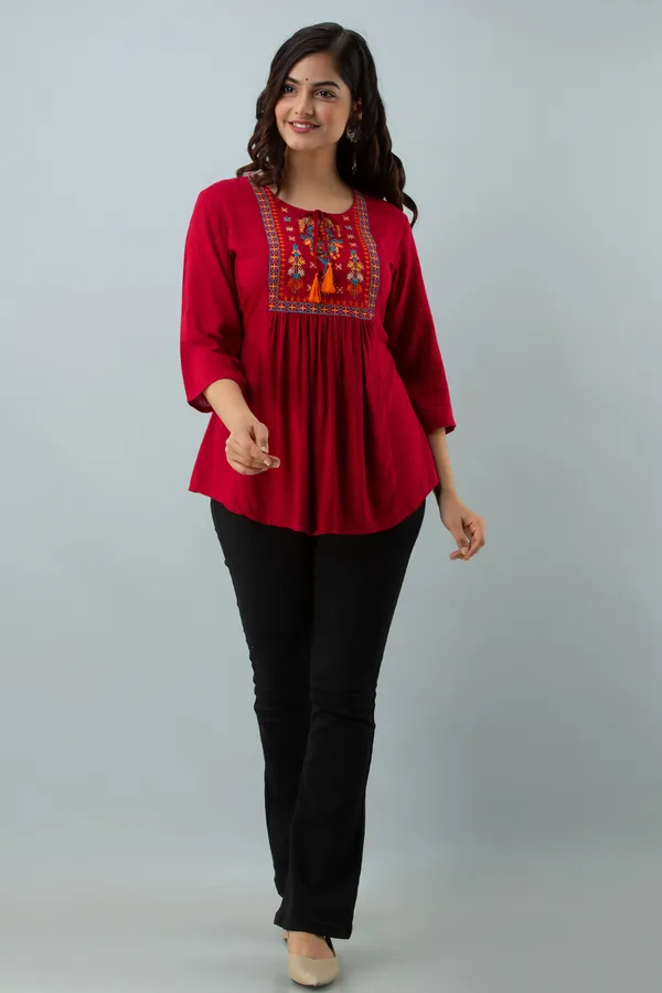 Maroon_Women's_Rayon_Embroidered_Regular_Fit_Top