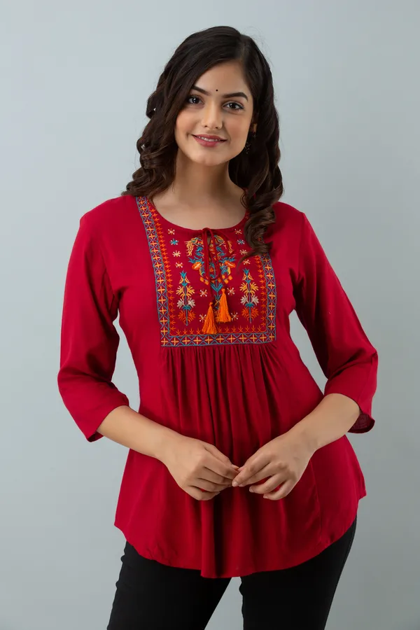 Maroon_Women's_Rayon_Embroidered_Regular_Fit_Top
