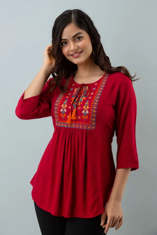 Maroon_Women's_Rayon_Embroidered_Regular_Fit_Top