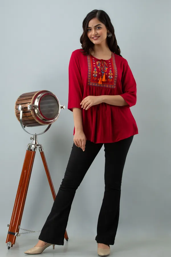 Maroon_Women's_Rayon_Embroidered_Regular_Fit_Top