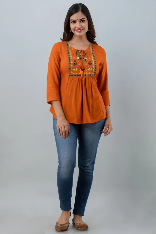 Mustard_Women's_Rayon_Embroidered_Regular_Fit_Top