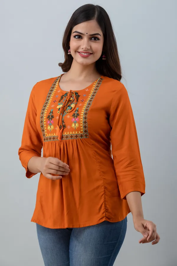 Mustard_Women's_Rayon_Embroidered_Regular_Fit_Top