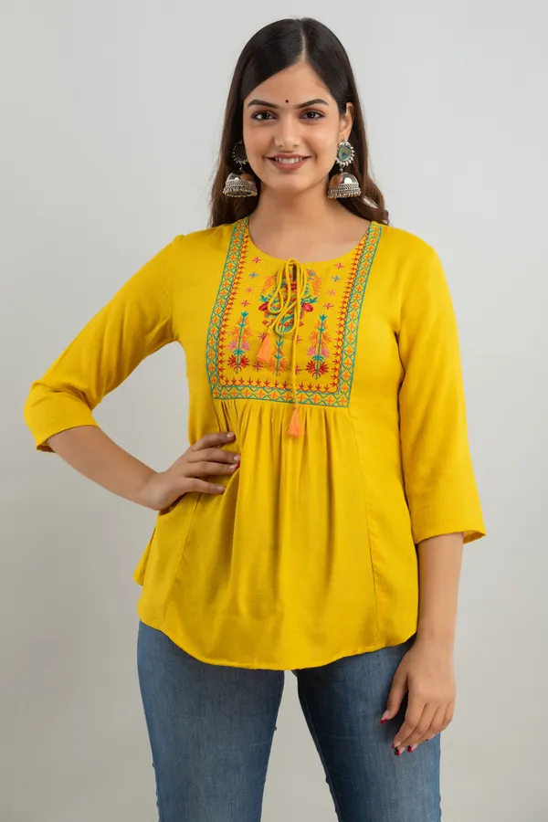 Yellow_Women'S_Rayon_Embroidered_Regular_Fit_Top
