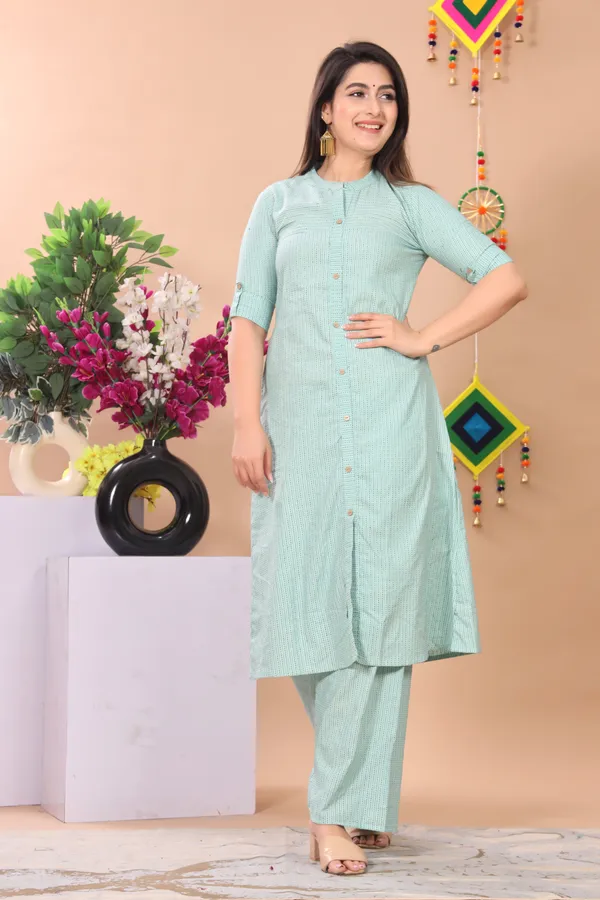 Green_Khadi_Cotton_Ethnic_Kurta_And_Pant_Set_|_Push_Premium_For_Women