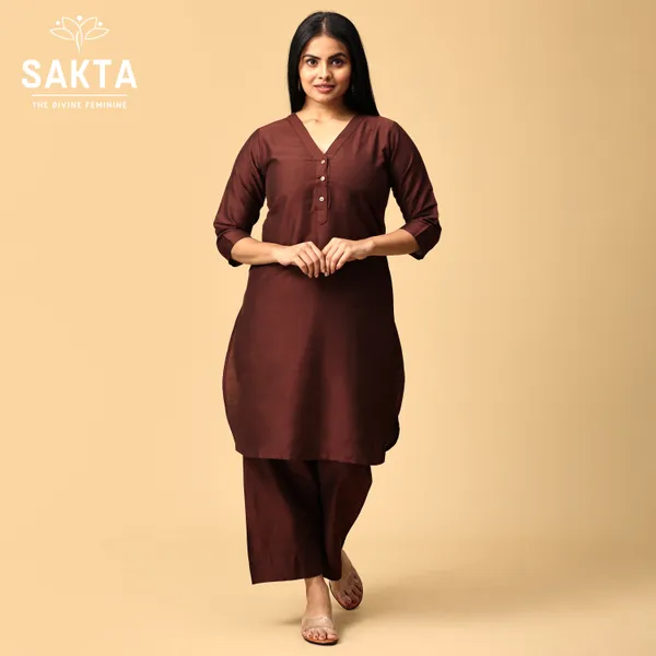 Brown_Cotton_Silk_3/4_Sleeves_V_Neck_Kurta_And_Pent_Set_For_Women