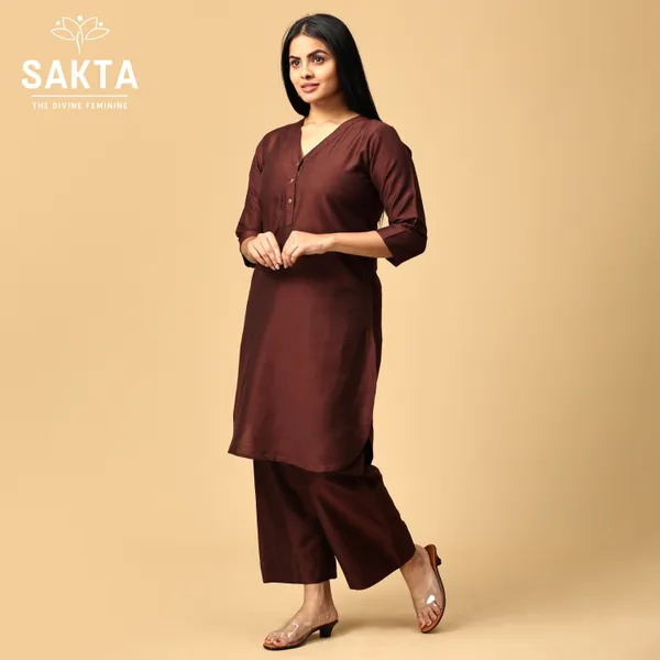 Brown_Cotton_Silk_3/4_Sleeves_V_Neck_Kurta_And_Pent_Set_For_Women