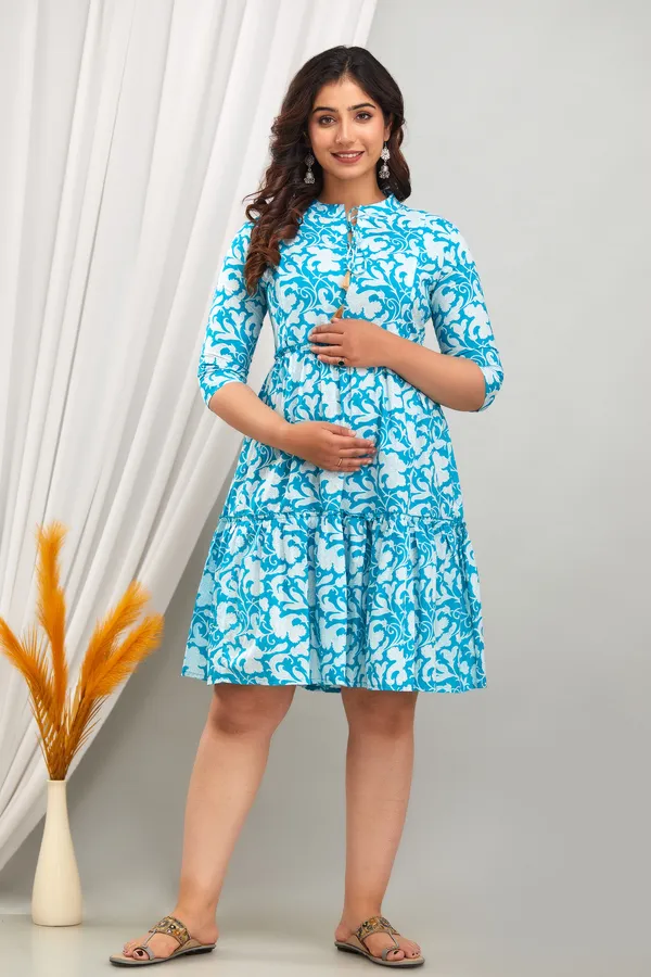Maternity_Sky_Blue_Cotton_Jall_Printed_Feeding_Dress
