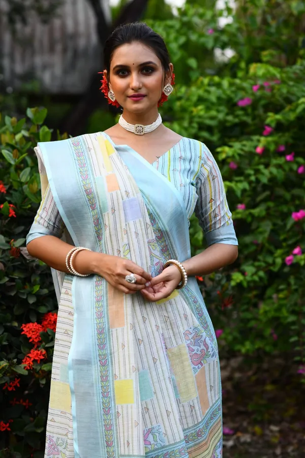 Sky_Blue_Soft_Linen_Jamdani_Saree_With_Printed_Zari_Work