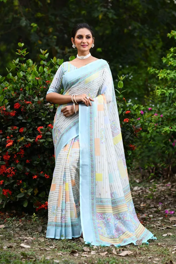 Sky_Blue_Soft_Linen_Jamdani_Saree_With_Printed_Zari_Work