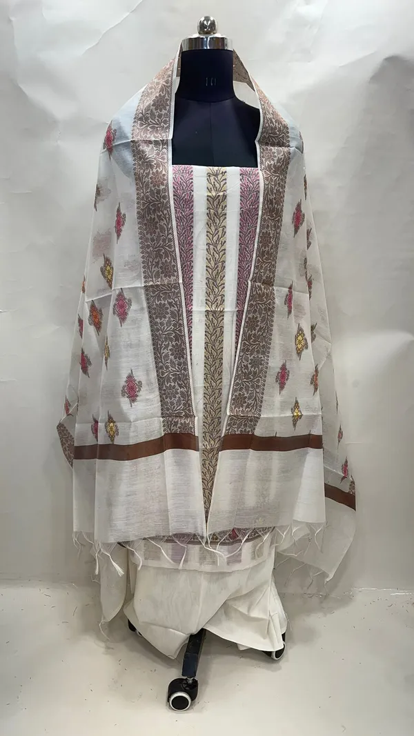 Humairah_Present_White_Cotton_Resham_Copper_Zari_3pcs_Suit_Set_accompanied_with_Plain_Bottom_and_Top_Copper_Zari_Cotton_Jaal_Stripe_with_White_Booti_Dupatta