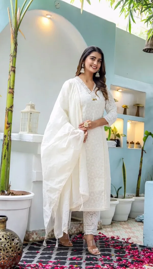White_Cotton_V_Neck_Chikankari_Kurta_Set_For_Women
