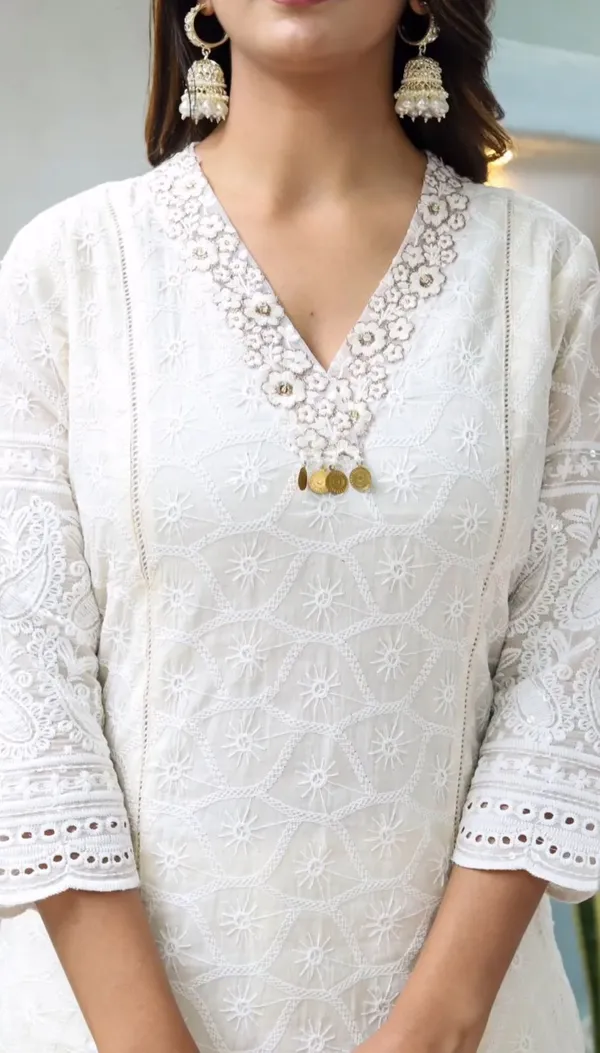 White_Cotton_V_Neck_Chikankari_Kurta_Set_For_Women