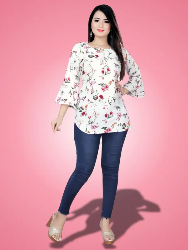 White_Crepe_Floral_Printed_Tie-Up_Neck_Tunic_Tops