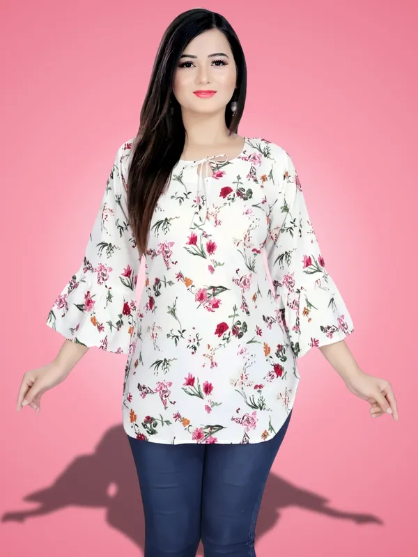 White_Crepe_Floral_Printed_Tie-Up_Neck_Tunic_Tops