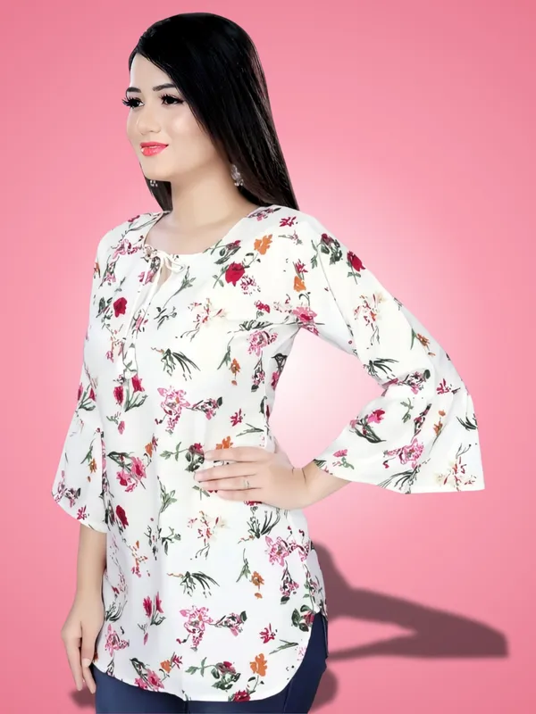 White_Crepe_Floral_Printed_Tie-Up_Neck_Tunic_Tops