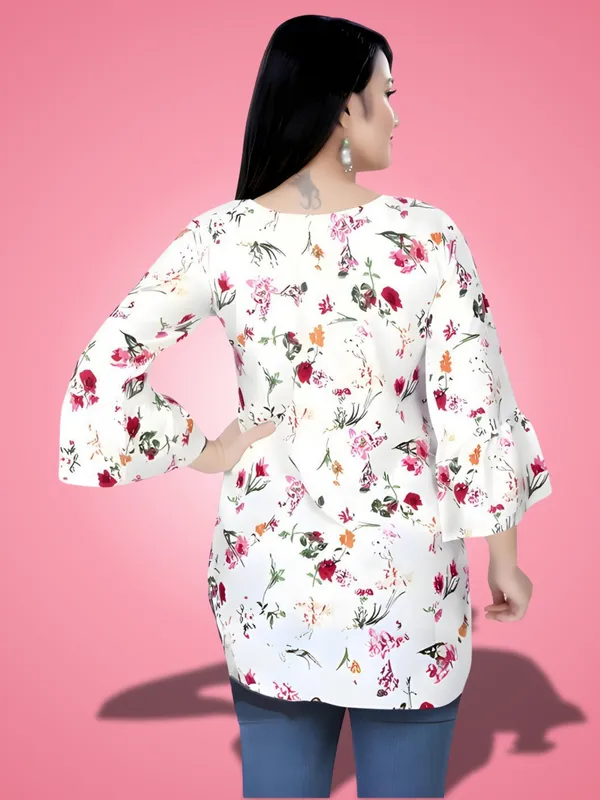 White_Crepe_Floral_Printed_Tie-Up_Neck_Tunic_Tops